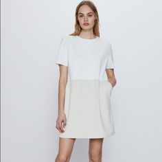 Zara | Faux Suede Dress. Brand New With Tags Daywear Shift Fit A-line Mini Dress, Daywear A-line Shift Mini Dress, Shift A-line Mini Dress For Daywear, Chic White A-line Mini Dress, White A-line Short Sleeve Dress For Spring, Spring Workwear Short Sleeve Mini Dress, Cream Mini Length Work Dresses, Spring Mini Length Short Sleeve Work Dress, Spring Mini Length Short Sleeve Dress For Work