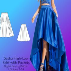"This item is for a DIGITAL sewing pattern (PDF), not a physical item. This item will be emailed you upon purchase. You will receive a Zip drive sewing instructions and all pattern sizes included. The sizes are broken up into individual PDFs for ease and are ready to print in A4 format at home. The pattern is written using US sizing, however, there is a metric conversion chart included at the beginning of each pattern.  A great beginner pattern, this high-low skirt is great for creating an edgy addition to a party outfit, or something beachy and flowy for your next vacation.  All patterns use a 3/8\" seam allowance unless otherwise stated. TERMS OF USE This pattern is for personal use only. The pattern may not be copied, redistributed or resold in any manner. Thank you! All designs are ins Hi Low Skirt, Zip Drive, Metric Conversion Chart, Metric Conversion, Hi Low Skirts, Costume Sewing Patterns, Sewing Instructions, Pattern Sewing, Skirt Patterns Sewing