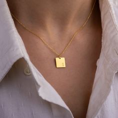 "Stylish and minimalist 14K gold personalized rectangle necklace for everyday wear. Great for layering.  Unique personalized gift idea to show love to the important people in your life with a cute, dainty, and creative gift. Customized rectangle tag necklace makes a perfect birthday gift for mothers, friends or yourself.  A special anniversary gift for significant others. Just engrave his/her name. It is a perfect gift. It can be dressed up or dressed down depending on the situation. We only use the highest quality 925 sterling silver or 14 solid gold in our workshop.  ♥ All our jewelry is custom made with Love and Care in our workshop. ✿Unless \"Solid Gold\" option is specifically chosen from the \"Finish\" dropdown menu, your jewelry will be 14k gold plated over 925 sterling silver. ✿ MA Necklace For Everyday, Necklace White Gold, Rectangle Necklace, Gold Initial Necklace, Initial Necklace Gold, Mother Birthday Gifts, Unique Personalized Gift, Square Pendant, Necklace White