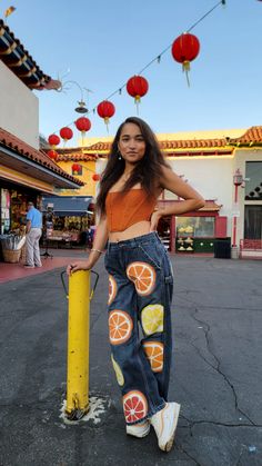 Painted fruit jeans Orange Denim Bottoms For Spring, Spring Orange Denim Bottoms, Orange Straight Leg Jeans For Spring, Casual Orange Summer Jeans, Casual Orange Denim Jeans, Fruit Jeans, Reworked Sweatpants, Painted Denim Jeans, Jean Painting