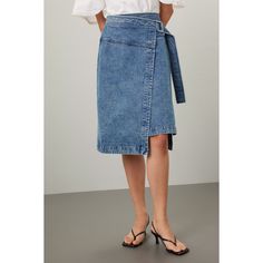 Blue denim (100% Cotton). A-line. Tie closure. 28.5" from waist to hemline. Imported. Workwear Denim Blue Skirt With Belt Loops, Relaxed Denim Skirt For Work, Spring Denim Skirt With Belt Loops In Straight Shape, Spring Medium Wash Denim Skirt With Belt Loops, Spring Denim Skirt With Belt Loops In Medium Wash, Denim Skirt With Belt Loops For Work, Mid-rise Denim Skirt For Workwear, Denim Wrap Skirt, Rent The Runway