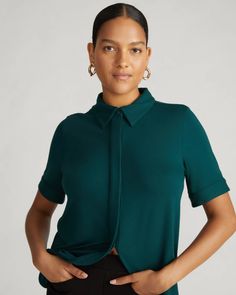 Chelsea Liquid Jersey Short Sleeve Shirt - Forest Green | Universal Standard Puffer Vest Fashion, Vacation Dresses Beach, Athleisure Pants, Denim Workwear, Universal Standard, Weekend Dresses, Ponte Pants, Vest Fashion, Petite Jeans