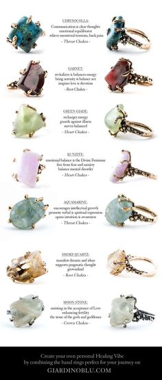 Crystal Band Ring Buying Guide: Crysocolla, Garnet, Green Giade, Kunzite, Aquamarine, Smoky Quartz, Moon Stone | Create your jewelry for spiritual Healing by combining these Stone rings accordingly with the meaning of Gemstones | Stay focus on your purposes and reach your goals faster by wearing positive energy jewelry. Jewerly Rings, Aquamarine Band, Rings Aquamarine, Stay Focus, Magic Witch, Reiki Symbols, Vedic Mantras, Crystal Therapy, Alexandrite Ring