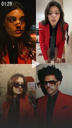 four different pictures of people in red jackets and black shirts with their faces painted to look like the same person