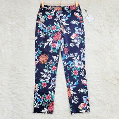 Laundry By Shelli Segal Floral Print Pants. Size 2 With Stretch. 97% Cotton, 3% Elastane. Brand New With Tags. Slim Fit. Side Slant Pockets. Navy Blue With A Floral Pattern. No Modeling Waist Flat 14" Rise 9" Inseam 28" 096 Blue Floral Print Straight Leg Bottoms, Blue Floral Print Ankle-length Pants, Blue Printed Straight Pants, Blue Floral Print Trousers, Blue Floral Print Bottoms For Workwear, Blue Floral Print Pants For Work, Cocktail Jumpsuit, Paisley Pants, Ankle Pants Women