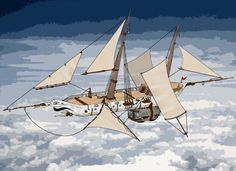 a drawing of a ship floating in the sky with sails down and two people on it