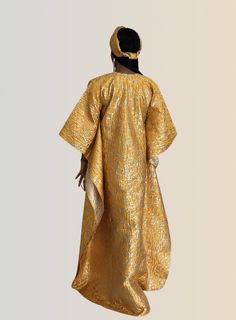 Enewa Tassel Damask Kaftan + Headtie - Mustard/ Gold - Traditional Gold Embroidered Kaftan, Luxury Gold Embroidered Thobe, Gold Embroidered Kaftan, Luxury Yellow V-neck Kaftan, Evening V-neck Embroidered Kaftan, Mustard, Damask, Elegant Dresses, Tassels