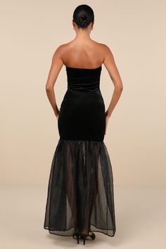 Admirers will come from far and wide to see just how good you look in the Lulus Esteemed Glamour Black Velvet Strapless Trumpet Hem Maxi Dress! Luxe plush velvet shapes this sensational dress that features a strapless bodice (with hidden no-slip strips) and a sleek, straight neckline. The figure-flaunting silhouette has asymmetrical seam detailing throughout as it continues down to a flaring, sheer trumpet-style panel composed of gauzy organza and adorned with dainty polka dots all over. Maxi he Glamorous Black Strapless Maxi Dress, Black Strapless Midi Dress For Prom, Maxi Dress Strapless, Black Polka Dot Dress, Straight Neckline, Black Polka Dot, Polka Dot Dress, Dot Dress, Black Velvet