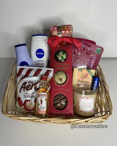 a basket filled with lots of food and condiments