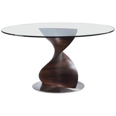 a glass and wood table with an unusual design on the top, in front of a white background