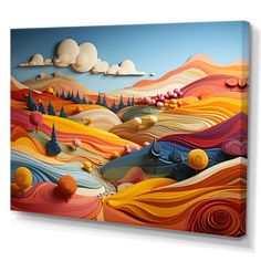 an abstract landscape with hills, trees and clouds painted on canvas wall art print by person