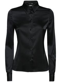 Tom Ford - Fitted stretch silk satin shirt - Black | Luisaviaroma Elegant Semi-formal Shirt With Covered Buttons, Timeless Formal Blouse With Button Closure, Elegant Black Blouse With Spread Collar, Sleek Satin Button-up Blouse, Elegant Silk Tops With Button Closure, Sleek Satin Blouse With Button Closure, Sleek Satin Blouse With Buttons, Classic Fitted Satin Blouse, Office Satin Blouse With Button Cuffs