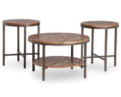 three tables with wooden tops and metal legs