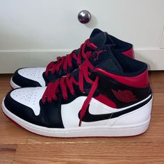 Jordan 1 Mid Red, White, Black Size 9.5 Great Shape Used Once Jordan 1 Mid Red, Shoes Jordan 1, Jordan Red, Shoes Jordan, Jordans For Men, Jordan 1 Mid, Jordan Shoes, Mens Shoes Sneakers, Jordan 1