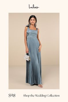 a woman in a blue dress with the words shop the wedding collection