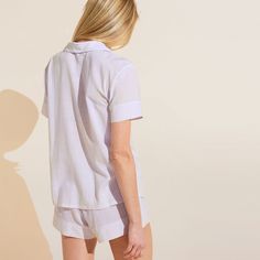 Not eligible for discounts or promo codes Keep cool and comfy with the Nautico Shortie Short PJ set by Eberjey. Made from ECOVERO™ Viscose and breathable Cotton, this fabric is verified by OEKO-TEX® Standard 100, meaning it was processed without harmful chemicals. This set features a chic stripe design, relaxed fit, and button down top with notch collar and functional chest pocket. The mid-rise short features an elastic waistband. Lavender Cotton Sleepwear For Spring, Purple Cotton Sleepwear For Relaxation, Casual Lavender Cotton Sleepwear, Casual Purple Sleepwear For Relaxation, Lavender Cotton Sleepwear For Summer, Casual White Sleepwear For Relaxation, Summer Purple Cotton Sleepwear, Spring Purple Relaxed Fit Sleepwear, Lavender Relaxed Fit Tops For Loungewear