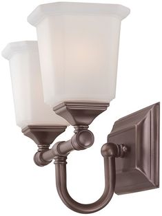 The Nicholas 2-Light Wall Sconce is a charming addition to your kitchen or bath. Featuring square, tapered shades, elegant canopies and traditional ball-capped tubing, it transitions from Colonial to Craftsman with ease. Made of solid steel, it features etched-opal shades and comes in your choice of traditional finish options. Note: fixture may be mounted with shades pointing up or down.Dimensions: 10" H x 15" W. Projection: 7". HCWO: 3 1/2" (Height from Center of Wall Opening). Lighting: 2 medium base sockets rated for 100W each. Net weight: 5 lbs. Safety rating: damp location Period Lighting, Wall Opening, Bathroom Light, Vanity Lights, Filament Bulb, Chrome Colour, Etched Glass, Lowes Home Improvements, Bathroom Vanity Lighting