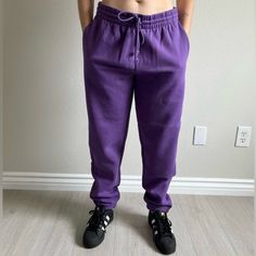 Brand New Without Tags Color: Fig Purple Waist 16.5” Unstretched Rise 12.5” Inseam 29.5” Cozy Solid Color Sweatpants For Streetwear, Cozy Cotton Tracksuit With Pockets, Cozy Solid Color Bottoms For Streetwear, Cozy Bottoms For Streetwear, Cozy Streetwear Pants With Elastic Waistband, Purple Pants For Streetwear In Fall, Casual Purple Activewear For Loungewear, Casual Fleece Bottoms For Lounging, Casual Fleece Lounging Bottoms