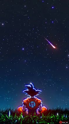 a cartoon character sitting in the grass looking up at some stars and a shooting star