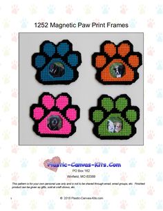 four paw prints are shown in the shape of magnets with pictures of cats and dogs on them