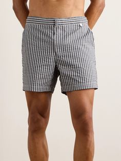 DESIGNED BY MR PORTER. Mr P.'s swim shorts are made from lightweight seersucker in a grey and white striped pattern. They're cut for a straight-leg fit and have a zipped fly and an internal drawstring waistband. Striped Cotton Swim Trunks For Beach Season, Seersucker Short Bottoms For Vacation, Short Seersucker Bottoms For Vacation, Striped Cotton Shorts For Poolside, Striped Cotton Bottoms For Poolside, White Seersucker Bottoms For Beach, White Seersucker Shorts For Summer, Seersucker Shorts For Beach In Summer, Seersucker Shorts For Summer Beach