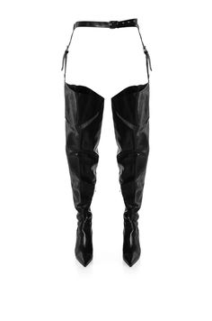 The AZALEA WANG Lewanna Thigh High Belted Chap Boot in Black is an ultra-sexy chap-style boot featuring a curved, bucket-style thigh high shaft, an adjustable belted wait, adjustable garter straps, a front buckle detailing, and tonal inner ankle zipper closures. This sultry pair is finished off with a pointy toe design and a slim stiletto heel. Style atop a shirt dress for a chic, complete look.  (all measurements approximate from size 7.5): - Faux Leather Upper - Pointed Toe - Stiletto Heel - 30” Shaft Height - 3.5” Heel Height - 51” Belt Length, 10” Garter Length - 30” Shaft Opening Circumference - 14” Calf Circumference - Imported  Product ID: 363882 Black Thigh High Boots, Leather Belt Buckle, Stiletto Heels Boots, Black Thigh High, Azalea Wang, Belt Length, Buckle Boots, Fashion Black, Boots Women