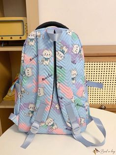 Bird in Bag - Stylish School Backpack for Teen Girls, featuring Blue Printed Diamond Checkered Design and Cat Patterns Kawaii Blue School Backpack, Blue Kawaii Backpack For Back To School, Kawaii Blue Backpack For Back To School, Blue Kawaii Bag For Back To School, Kawaii Blue Bag For Back To School, Kawaii Blue Bags For Back To School, Blue Kawaii Backpack For Travel, Kawaii Blue Backpack For Travel, Kawaii Blue Travel Backpack