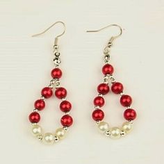 Handcrafted Red White Silver Beads Teardrop Dangle Earrings Made With 6mm Wide Glass Pearl Beads And Tiny Silver Plated Spacers Teardrop Shaped Earrings Silver Rhodium Plated Brass Earring Hooks Measures About 70mm Long Overall Artisan Jewelry Earrings, Teardrop Dangle Earrings, Handcrafted Artisan Jewelry, Holiday Earring, Pearl Earrings Dangle, Beaded Dangle Earrings, Christmas Earrings, Earring Hooks, Gold Plated Earrings