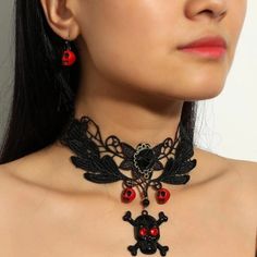 This Unique Earring And Necklace Set Is A Wonderful Addition To Your Wardrobe And Your Style; Sure To Get Lots Of Compliments! Skeleton Skull Earrings Along With Skeleton Skull Victorian Gothic Rose Floral Flower Lace Rhinestone Choker. Great For Halloween Or Anytime! Gshmve00000m48h Edgy Black Jewelry For Festivals, Black Punk Jewelry For Halloween, Emo Metal Jewelry For Parties, Black Dangle Emo Jewelry, Edgy Jewelry For Halloween Gift, Black Emo Dangle Jewelry, Emo Black Skull Jewelry, Red Emo Jewelry For Party, Emo Style Jewelry Gift