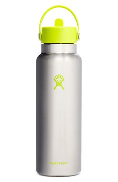 the hydro flask water bottle is stainless steel with lime green lid and loop handle