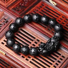 Natural Obsidian Fengshui Pixiu Beaded BraceletBraceletbeads 10mm Diy Bangle Bracelets, Bangles Diy, Leather Jewelry Diy, Beaded Bangles Bracelets, Six Words, Obsidian Bracelet, Buddhist Prayer, Ocean Freight, Bead Bangles