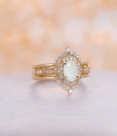 Ethereal Rings, Yellow Gold Diamond Halo Ring, Vintage Opal Engagement Ring, Opal Engagement Ring Set, Engagement Ring Yellow Gold, Yellow Gold Diamond Engagement Ring, Engagement Ring Yellow, Pink Morganite Engagement Ring, Opal Engagement Ring