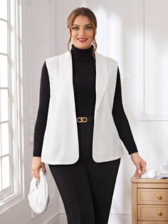 Plus Size Elegant Vest Blazer White Elegant  Sleeveless Knitted Fabric Plain vest Slight Stretch  Women Plus Clothing, size features are:Bust: ,Length: ,Sleeve Length: How To Style Vest Women, Vest Dress Outfit Classy, White Sleeveless Blazer Outfit, White Vest Outfits For Women, Gilet Outfit Women, Vest Dress Outfit, Sleeveless Blazer Outfit, White Vest Outfit, Gilet Outfit