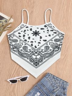 White Boho   Polyester Paisley Cami Embellished Slight Stretch Summer Women Tops, Blouses & Tee Hanky Hem, Top Shein, Quick Outfits, Easy Trendy Outfits, Crop Top Outfits, Cute Crop Tops, Tween Outfits, Simple Trendy Outfits, Cute Everyday Outfits