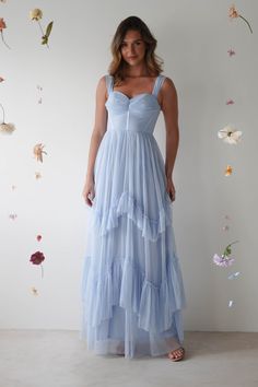 Palama Shimmer Tulle Maxi Dress | Blue Bridesmaids Styles, Wedding Guest Formal, Spring Formal, Bridal Party Outfit, White Bridal Dresses, Tulle Maxi Dress, Luxurious Dresses, Party Attire