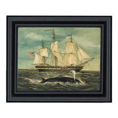 a painting of a whale and ship in the ocean