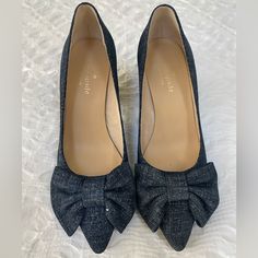 Rare Find! These Pretty Pumps In A Suede Denim Feature The Signature Kate Spade Bow Detail. 2.75” Block Heels Newnever Worn Formal Denim High Heel Shoes, Formal Denim High Heels, Chic Denim Heels For Formal Occasions, Spring Formal Denim Heels, Chic Formal Denim Heels, Elegant Denim Heels With Round Toe, Kate Spade Pointed Toe Heels For Work, Kate Spade Black Pointed Toe Heels, Black Kate Spade Pointed Toe Heels