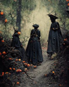 three witches walking down a path in the woods