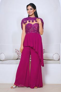 Wine peplum kurta with cutdana hand embroidered yoke and asymmetric hem. Paired with a plain sharara and cape with matching hand embroidery. - Aza Fashions Purple Sleeveless Wedding Set, Sleeveless Purple Party Set, Plain Sharara, Kurta Sharara Set, Kurta Sharara, Women Kurta, Sharara Set, Buy Wine, Set Women