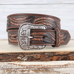 Ariat Feather Embossed Leather Belt Western Leather Belts, Custom Leather Work, Cowgirl Belts, Leather Tooling Patterns, Cowboy Belt, Cowgirl Aesthetic, Western Belt Buckles, Leather Art, Leather Belts Men