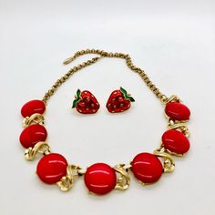 Vintage Retro Cherry Red Thermoset Necklace & Strawberry Earrings. Both Unsigned. Enameled Small Earrings Have Brand New Hypoallergenic Silver 925 Backings Added. 3474 Red Enamel Round Necklace, Red Round Jewelry Sets With Matching Earrings, Red Enamel Jewelry For Valentine's Day, Red Costume Jewelry For Valentine's Day, Vintage Red Nickel-free Jewelry, Vintage Red Enamel Earrings, Red Enamel Vintage Earrings, Vintage Red Round Jewelry, Red Enamel Earrings For Valentine's Day