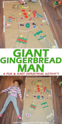 Giant Gingerbread Man – HAPPY TODDLER PLAYTIME Create a life size gingerbread man (or girl!) in this super easy and fun Christmas craft activity! Your toddler, preschooler or kindergartner will love it! #christmasactivitiesforkids #christmasactivities Easy Activities For Kids At Home, Giant Gingerbread Man, Easy Kids Christmas, Activities Director, Reading Buddies, Kindergarten Christmas, Kids Christmas Crafts Easy, Gingerbread Theme, Christmas Crafts For Toddlers