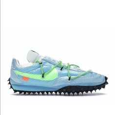 Light Blue And Green Sneakers With Black And White Laces That Read “Shoelace “ With Neon Green Cross Tie Brand New , Never Worn Blue Low-top Running Shoes With Studded Outsoles, Blue Lace-up Running Shoes With Vulcanized Sole, Blue Running Shoes With Rubber Waffle Outsoles, Blue Lace-up Running Shoes With Rubber Waffle Outsoles, Blue Sporty Custom Sneakers With Studded Outsoles, Nike Waffle Racer, Off White Shoes, Nike Waffle, Baskets Nike