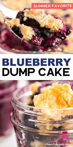 blueberry dump cake in a glass jar with a spoon full of the same dessert