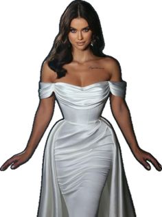 a woman in a white dress with her hands on her hips and one hand out to the side