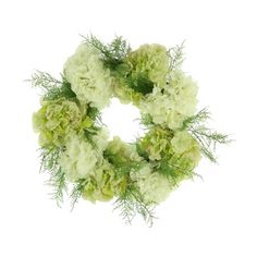 a white wreath with green flowers and greenery