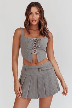 Swoon Lace-Up Corset Top Grey Fitted Striped Top For Night Out, Striped Fitted Top For Night Out, Fitted Pinstripe Tops For Summer, Fitted Pinstripe Summer Tops, Pinstripe Sleeveless Top For Spring, Pinstripe Top, Mini Skirt Grey, Pinstripe Fabric, Pink Dress Shoes