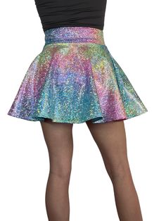 Introducing our stunning Rainbow Ombre Holographic Skater Skirt, inspired by Taylor Swift's iconic Lover outfit and designed for the ultimate music festival and rave experience. Crafted with care in the USA, this skirt combines captivating style with unmatched quality to ensure you make a bold statement on the dance floor.Crafted from high-quality stretchy rainbow avatar spandex, this skirt offers a comfortable and flexible fit that allows you to move freely and dance with ease. The flattering s Skater Skirt Outfit, Lover Outfit, Rainbow Ombre, On The Dance Floor, Shimmer N Shine, Full Circle Skirts, Natural Curves, Full Circle, Skirt Design