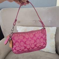 Vintage Coach Y2k Signature C Canvas Leather Suede Demi Baguette Shoulder Bag 6094 Used- Photos With Rubbing And Marks/ Stains Coach Y2k, Demi Baguette, Pink Coach Bag, Pink Coach Purse, Bday List, Pink Bags, My Style Bags, Girly Bags, Bags Coach