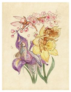 a drawing of some flowers and a fairy